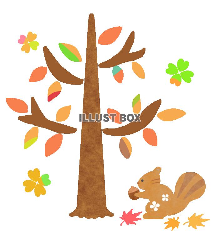 秋の木とリスのイラスト　透過png