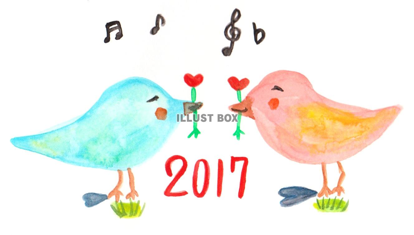 無料イラスト ２０１７年年賀状 可愛いカップル鳥