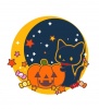 夜のハロウィン・黒猫・かぼちゃランタンイラスト