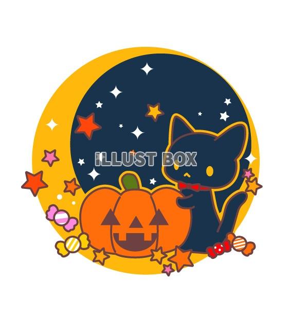 夜のハロウィン・黒猫・かぼちゃランタンイラスト