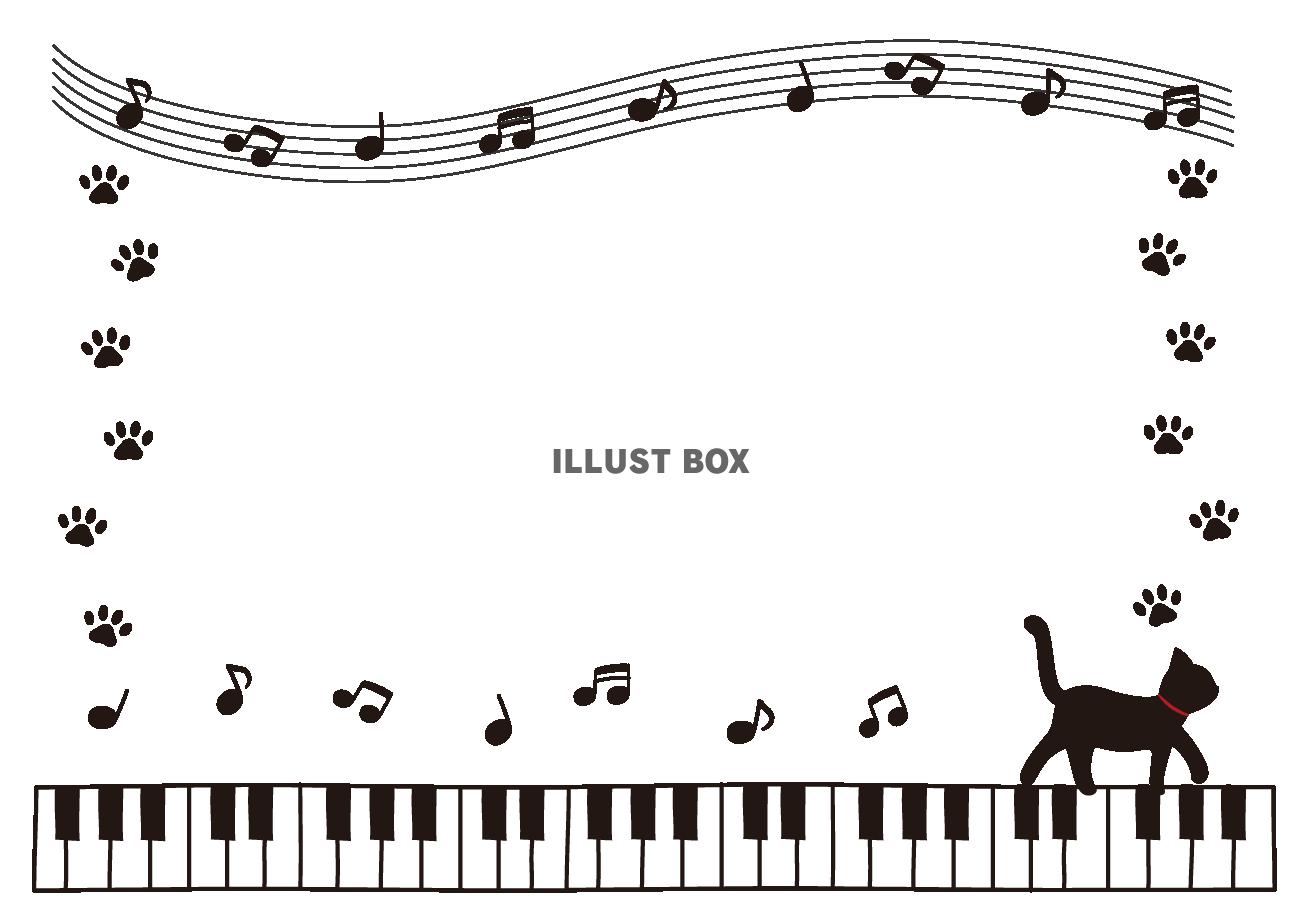 ピアノを弾く黒猫のフレーム：イラスト無料