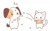 豆まきをしている猫・ぶつけられている犬のイラスト