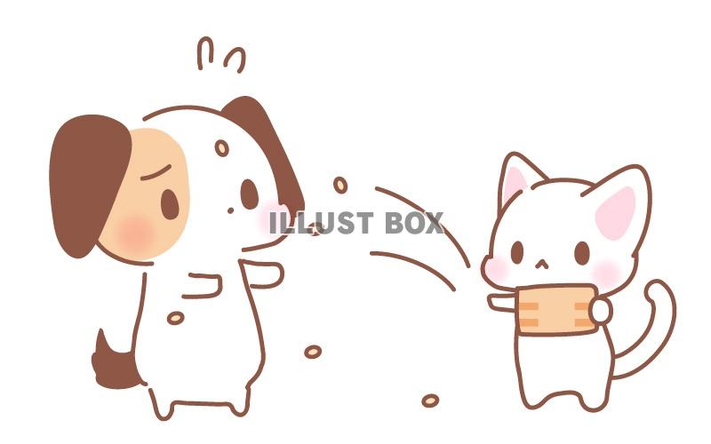 無料イラスト 豆まきをしている猫 ぶつけられている犬のイラスト