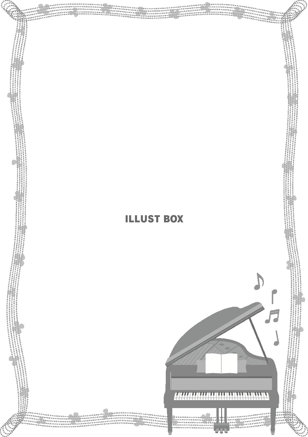 クローバーとピアノのフレーム（モノクロ）