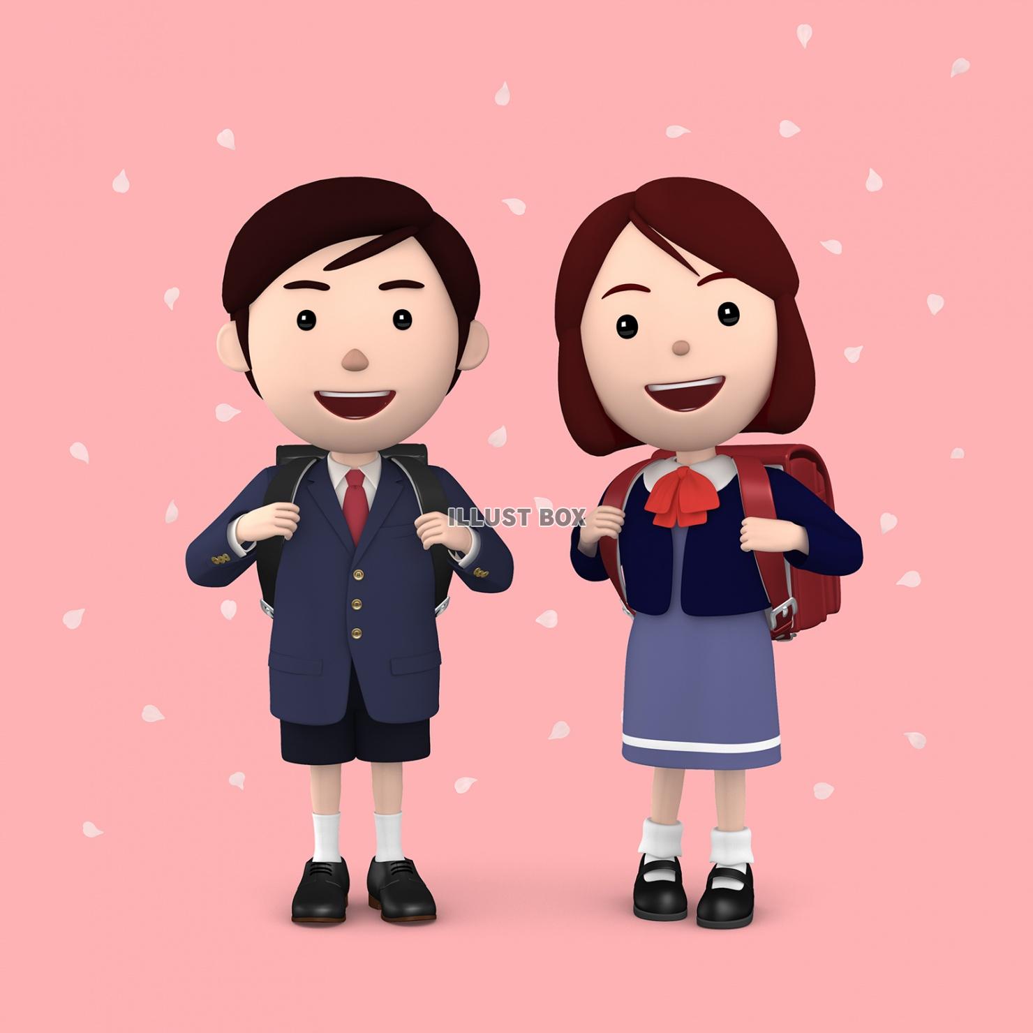 無料イラスト 小学生 入学式の男の子と女の子04ピンク