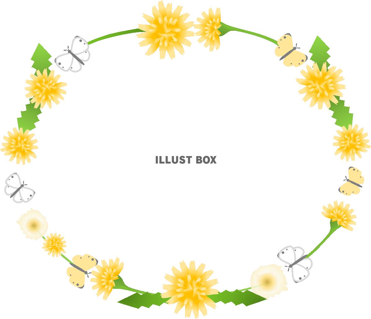 無料イラスト たんぽぽとちょうちょの楕円フレーム