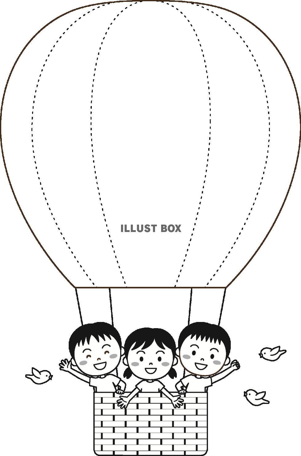 無料イラスト 大きな気球に乗って 子供 モノクロ