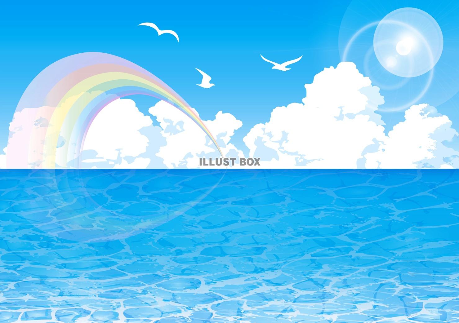 無料イラスト 空入道雲かもめカモメ海波模様背景素材壁紙8月ビーチ虹色レイン