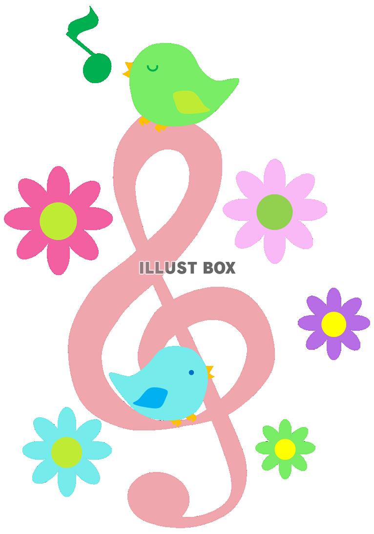 無料イラスト ト音記号と小鳥と花