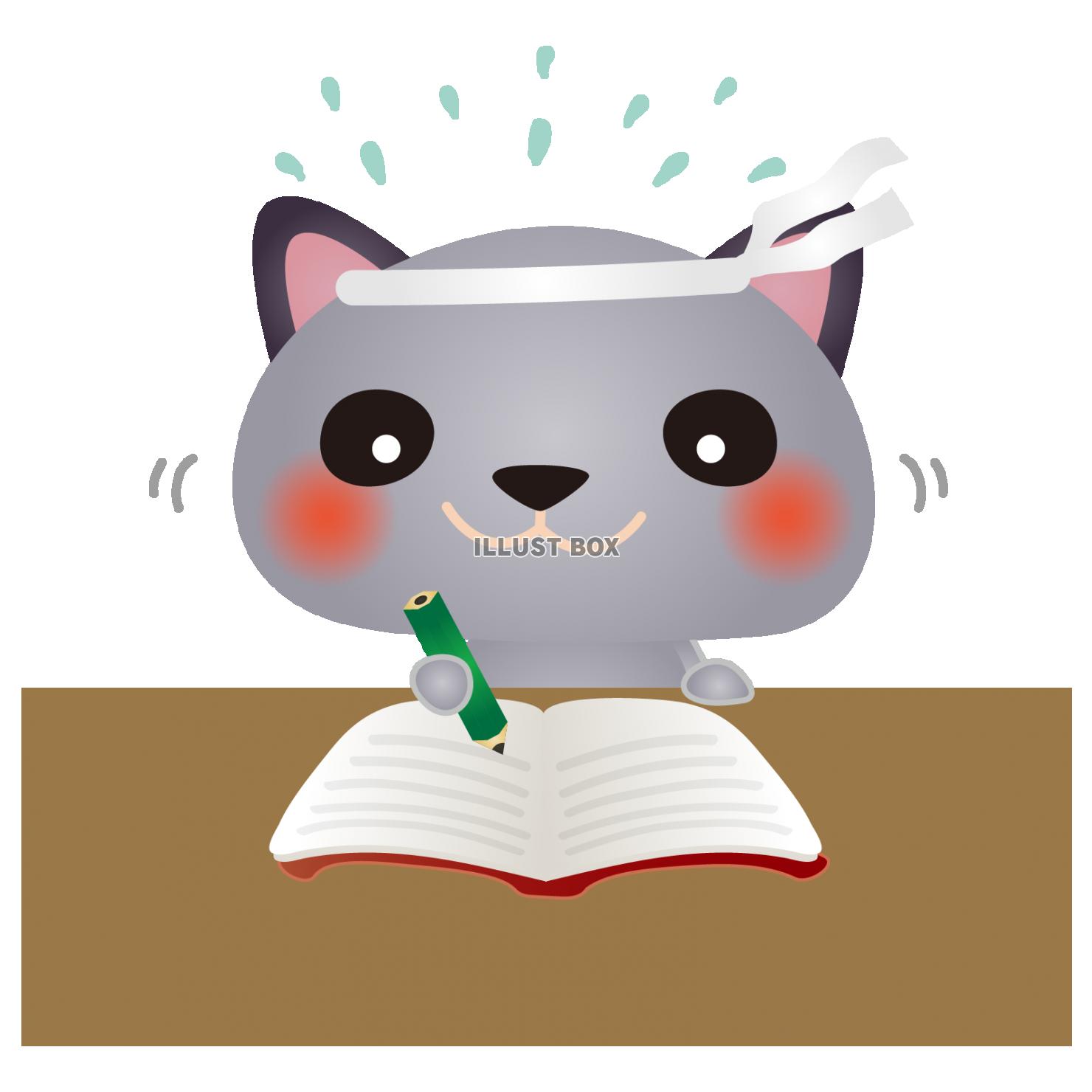 無料イラスト グレーねこ勉強中