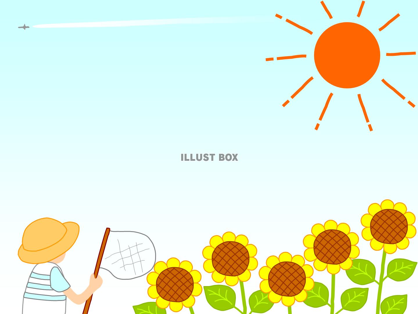 無料イラスト 夏の太陽とひまわりと子供のフレーム