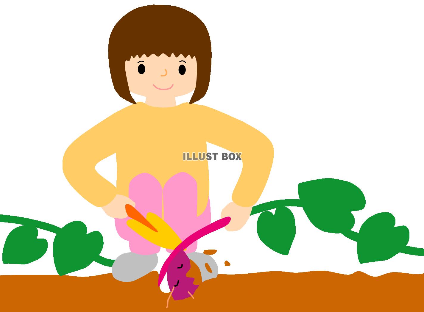 無料イラスト 芋ほりをする女の子