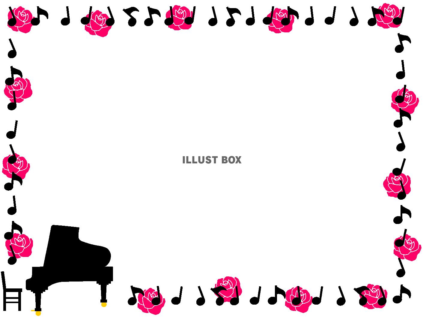 無料イラスト ピアノと音符と薔薇の花のフレーム（横型）