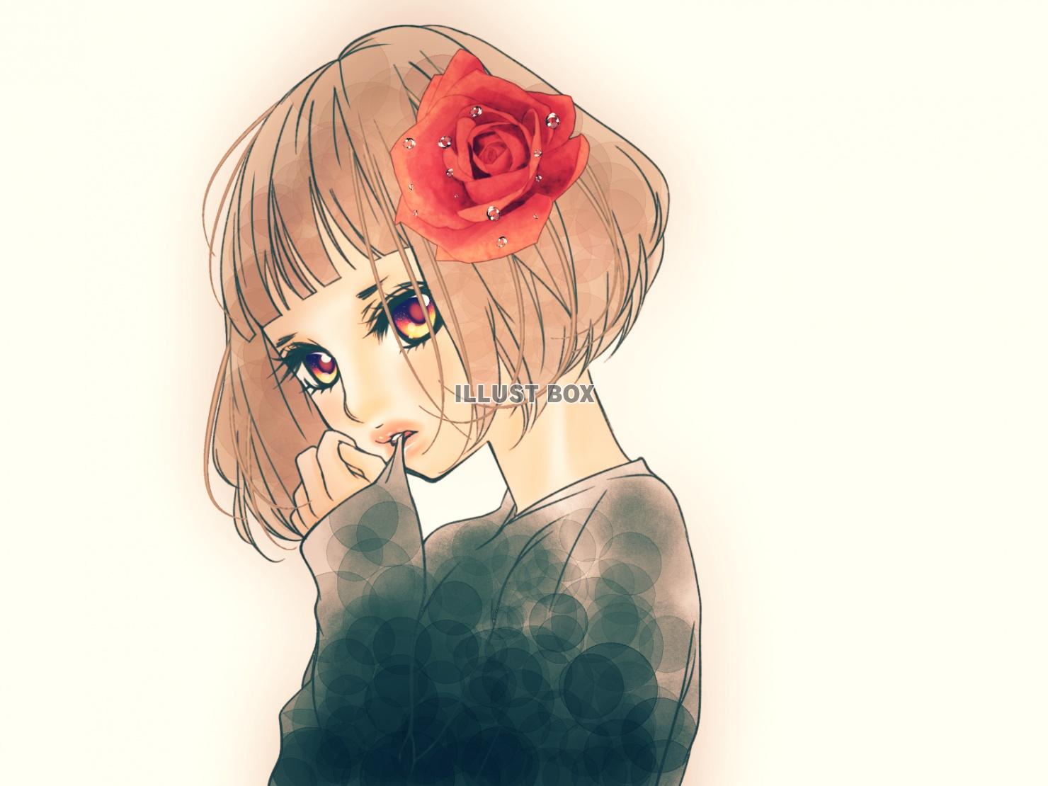 無料イラスト おかっぱの女の子 薔薇