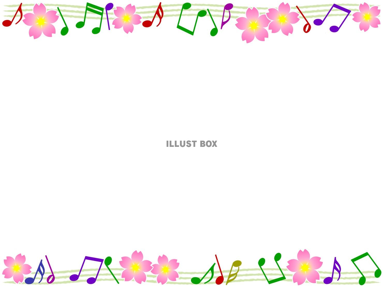 無料イラスト 音符と桜の花模様の音楽フレーム飾り枠
