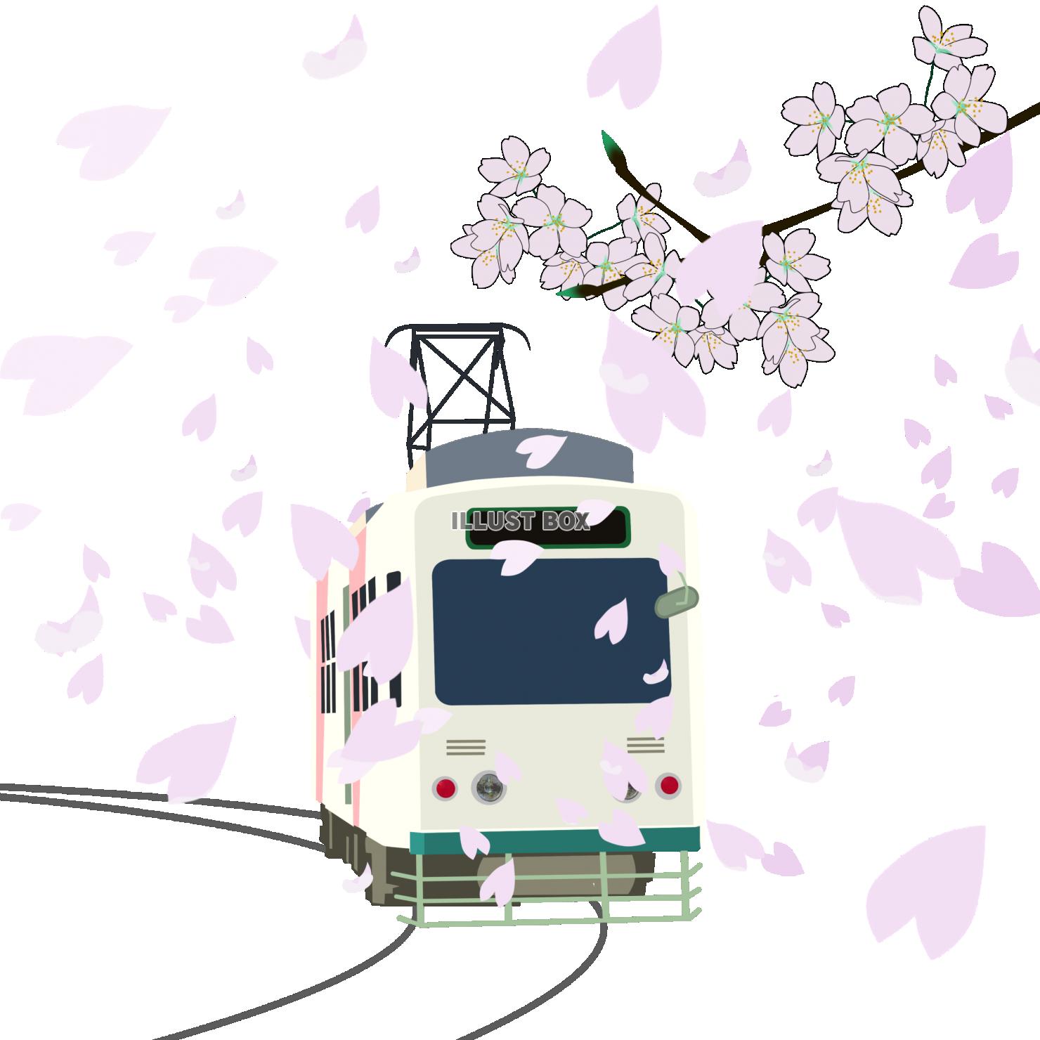 無料イラスト サクラと路面電車