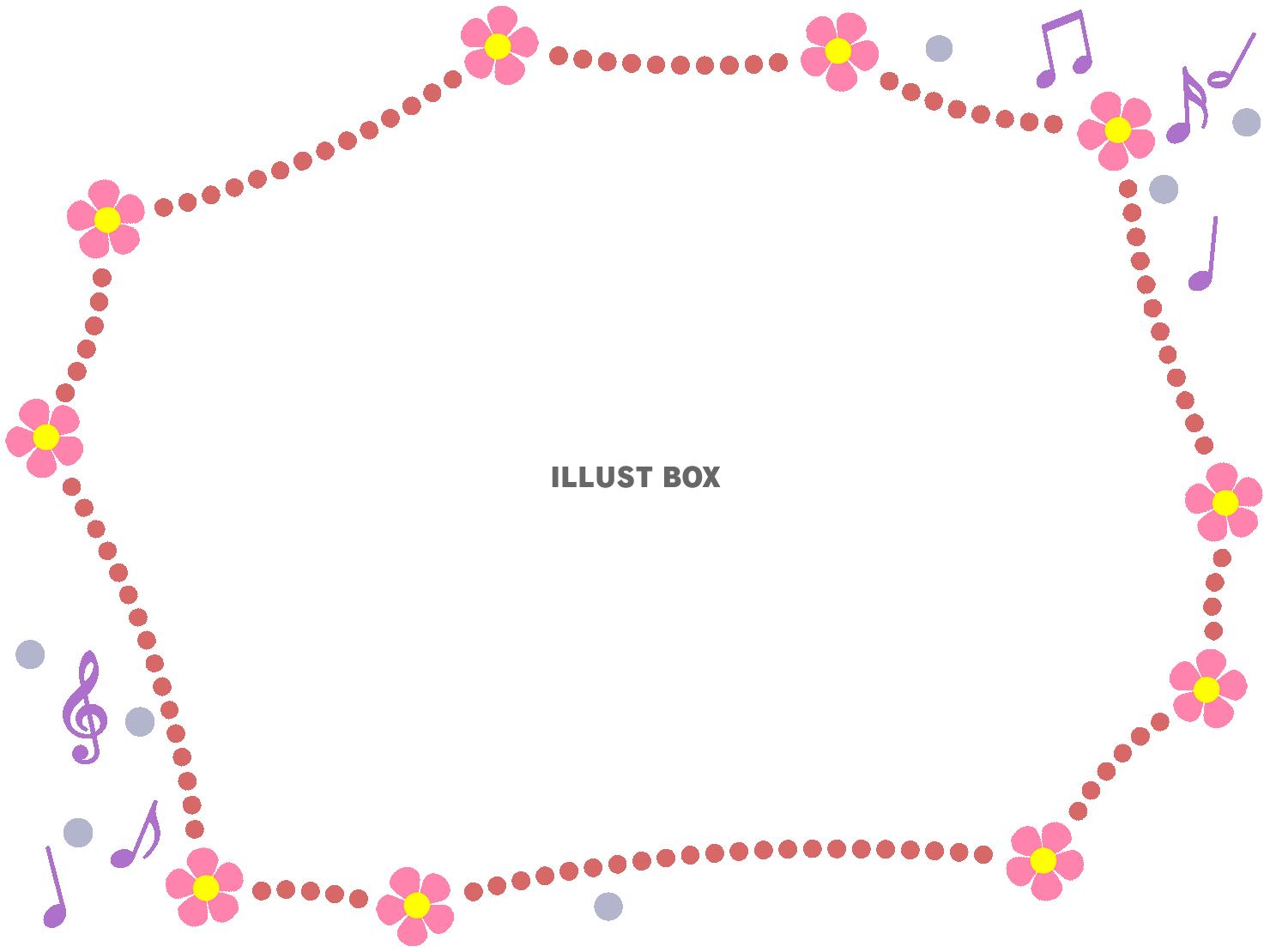花と音符と点線のフレーム、シンプル飾り枠、透過PNG