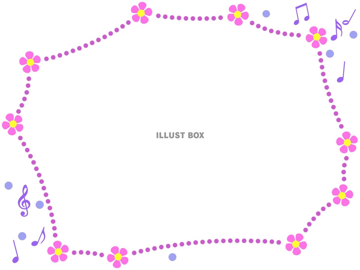 花と音符と点線のフレーム、シンプル飾り枠