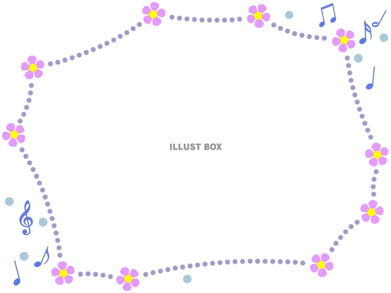 花と音符と点線のフレーム、シンプル飾り枠