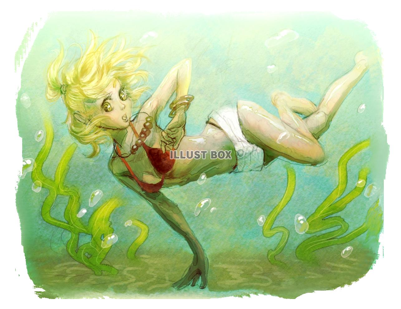 無料イラスト 海を泳ぐ少女