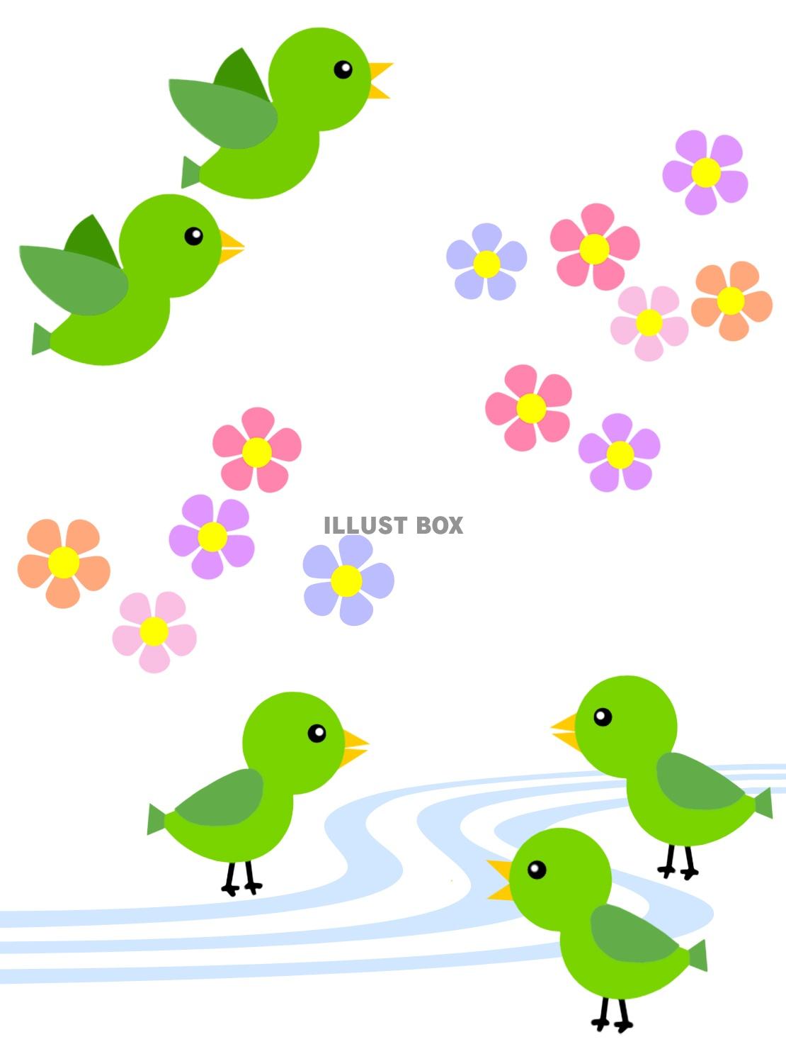 無料イラスト 小鳥と花模様の背景イラスト可愛い壁紙素材