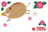 梅の花と跳ねる猪の年賀状イラスト