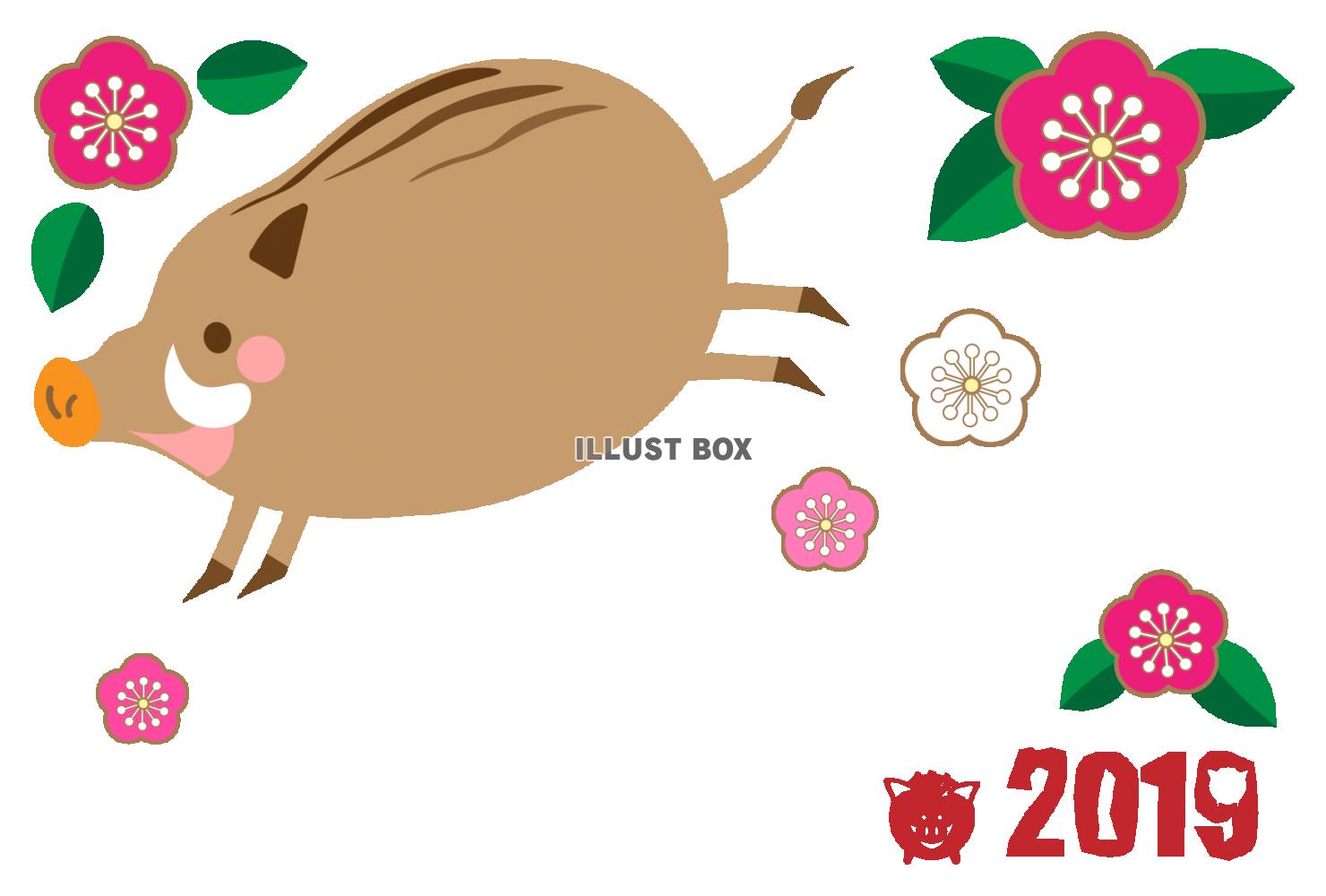 梅の花と跳ねる猪の年賀状イラスト