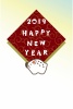 2019年　年賀状　唐草模様の正方形の枠と花白いイノシシ