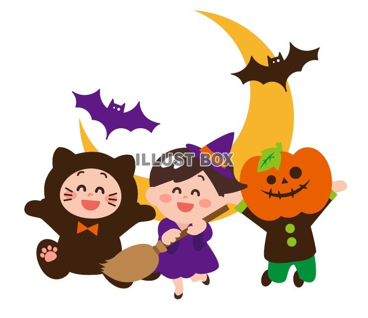 ハロウィンに仮装（黒猫・魔女・カボチャ頭）する子供達（三日月...