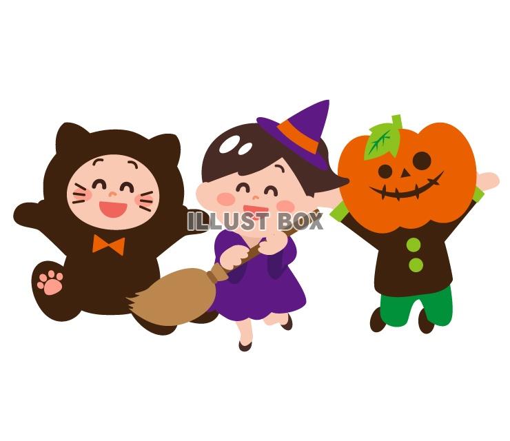 無料イラスト ハロウィンに仮装 黒猫 魔女 カボチャ頭 する子供