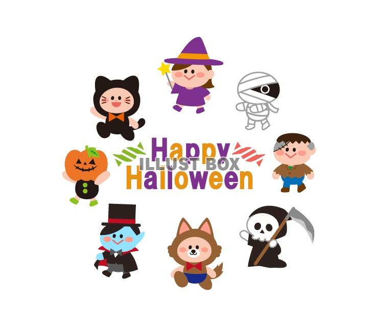 ハロウィンで仮装した子供たちの仮装行列（文字入り）