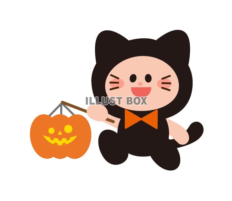 ハロウィンに黒猫の仮装した子供のイラスト