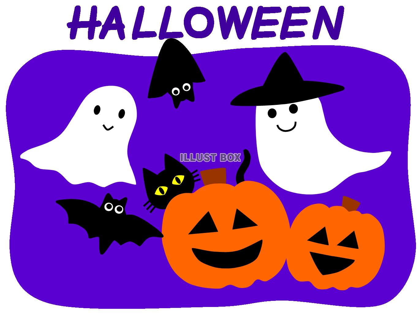 無料イラスト ハロウィンの仲間たち2 かぼちゃおばけ こうもり 猫 オバケ