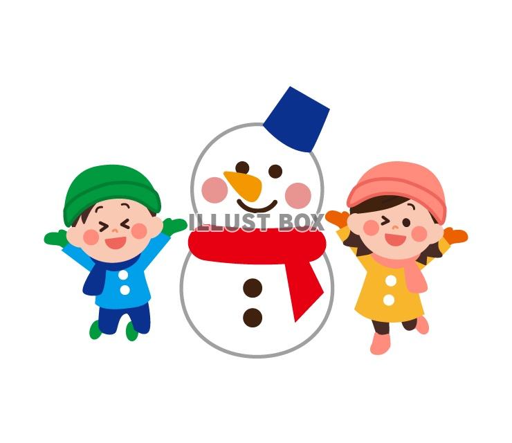 冬に雪だるまを作って遊ぶ子供のイラスト