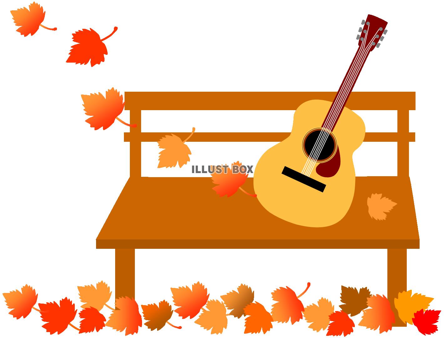 無料イラスト 秋のベンチとギター 紅葉 落ち葉 プラタナス 楽器