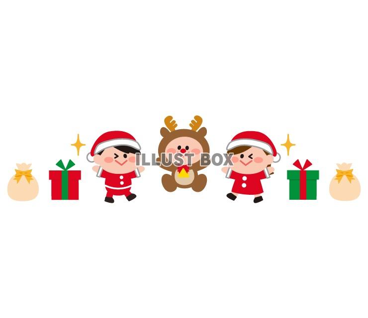 クリスマスの仮装をした子どもとプレゼントのイラスト