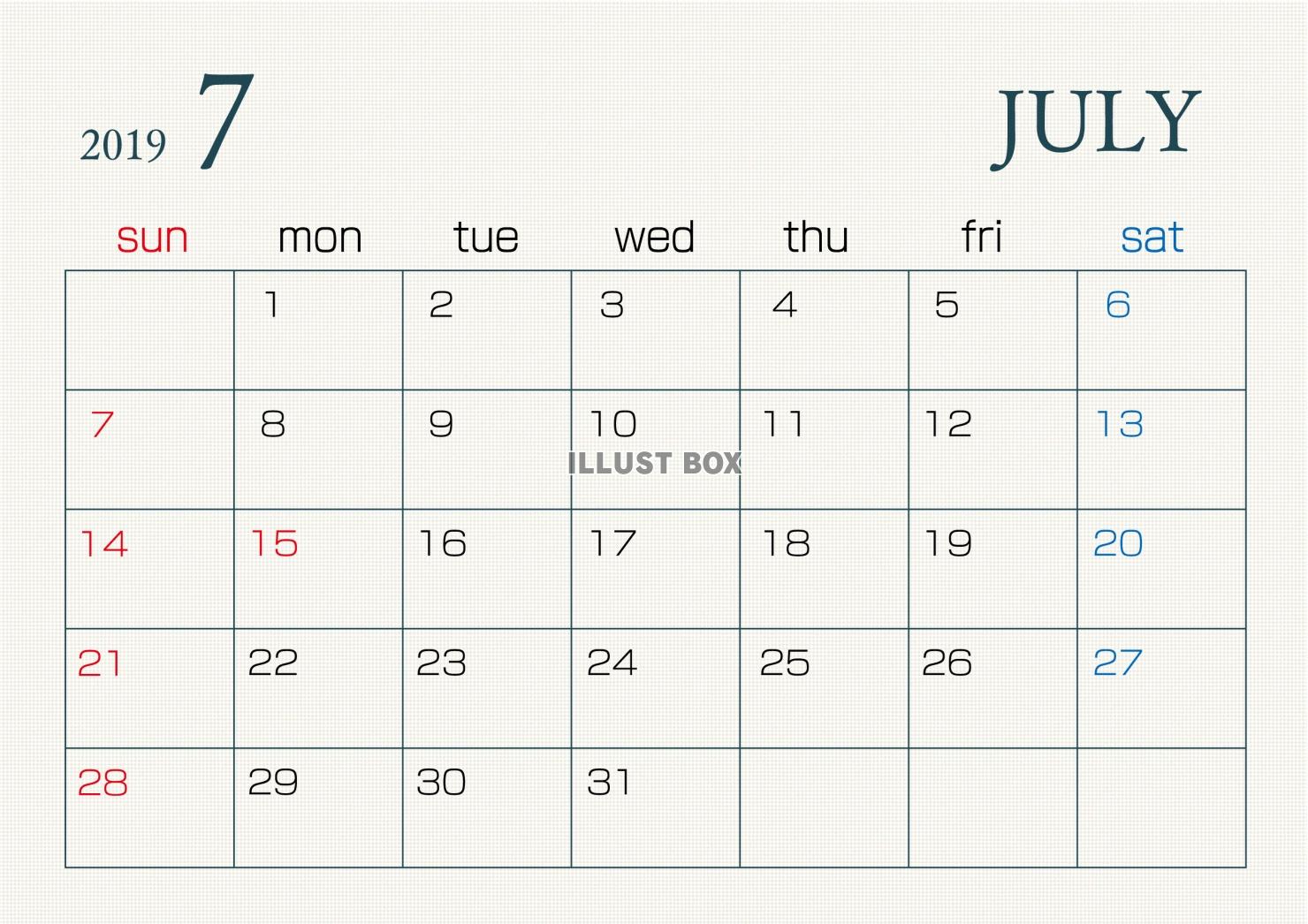 無料イラスト 2019年7月カレンダーです