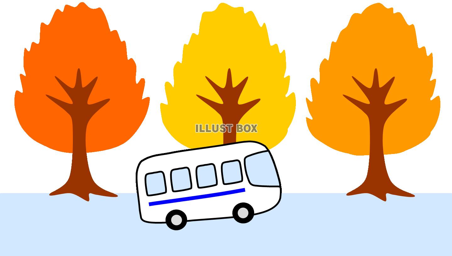 紅葉の並木とバス　青（秋の行楽、旅行、遠足）