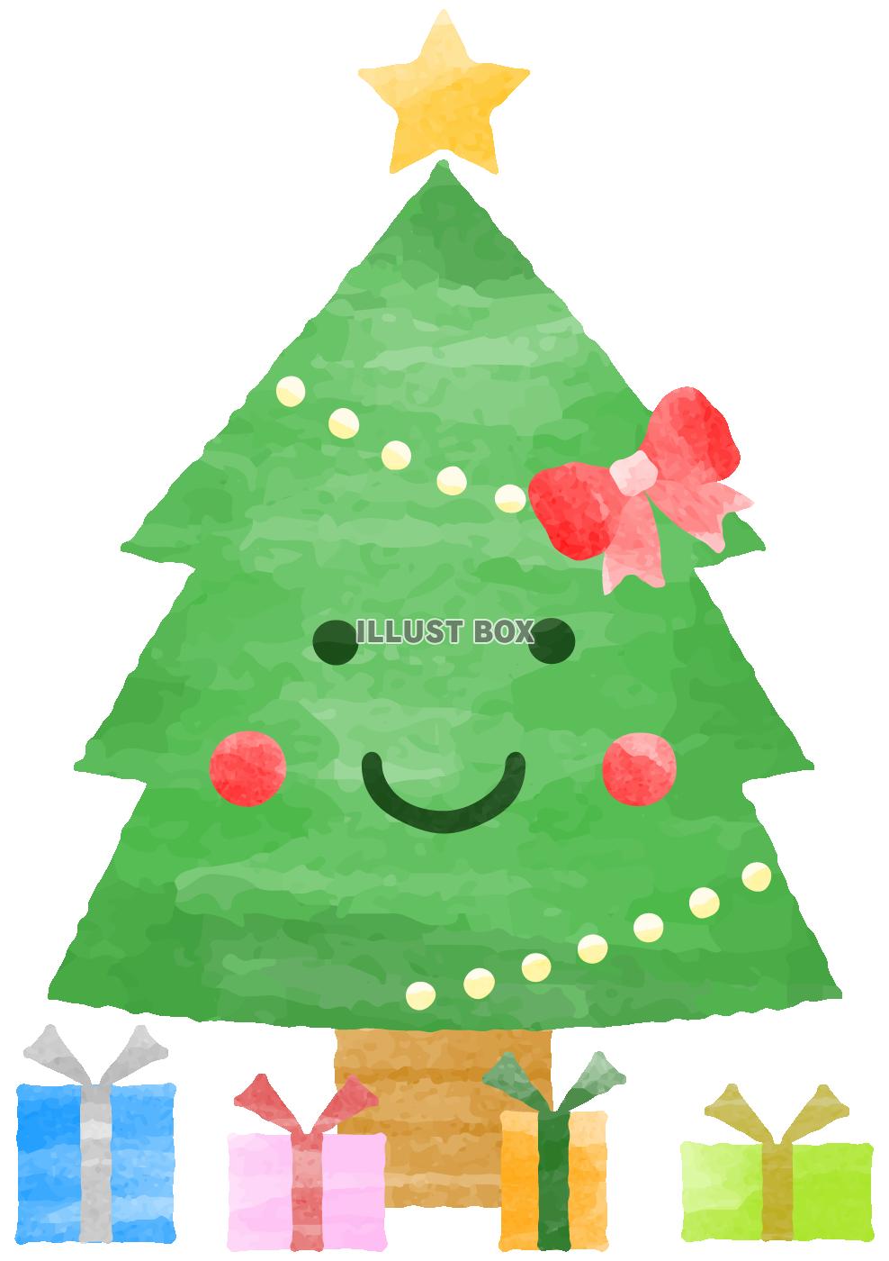 無料イラスト 手描き風笑顔のクリスマスツリー