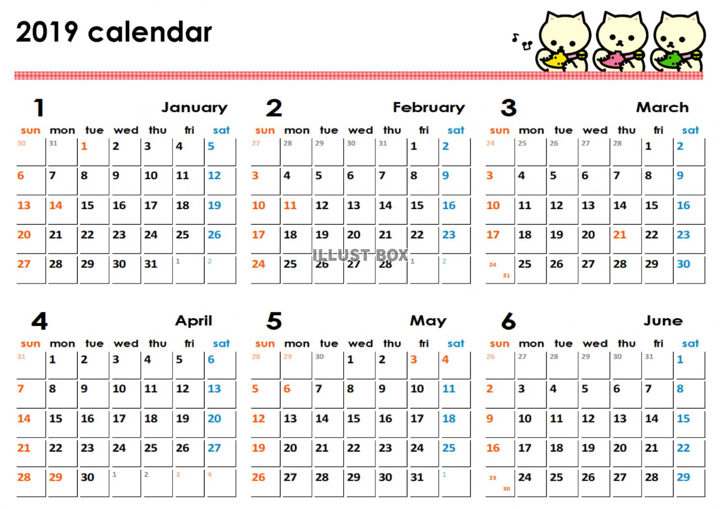オカリナカレンダー半年分　2019年1月から6月分