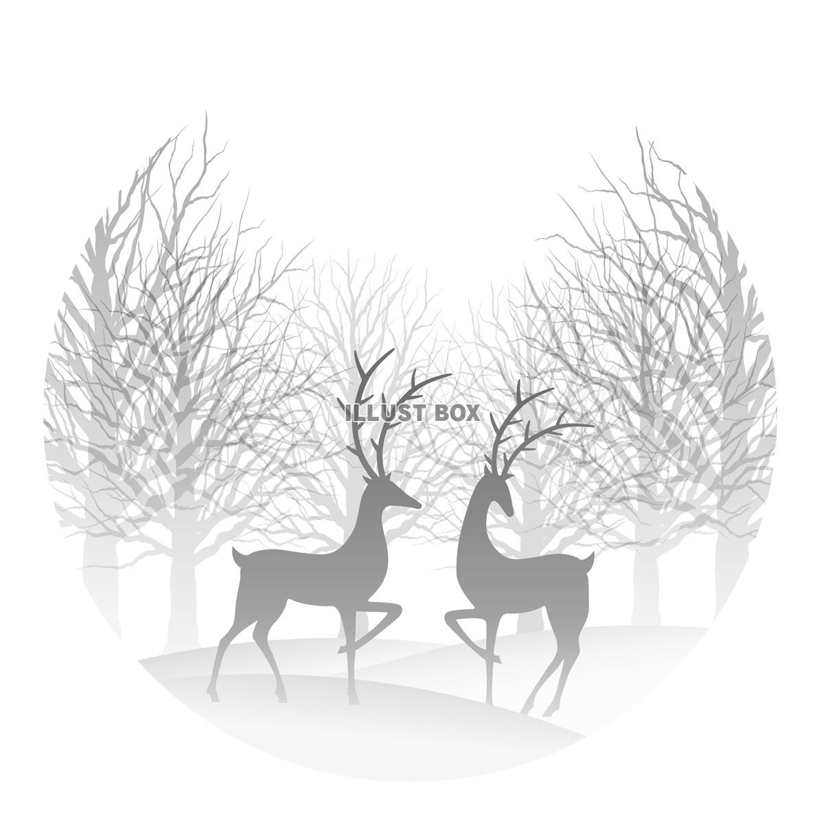 冬の森とトナカイのイラスト