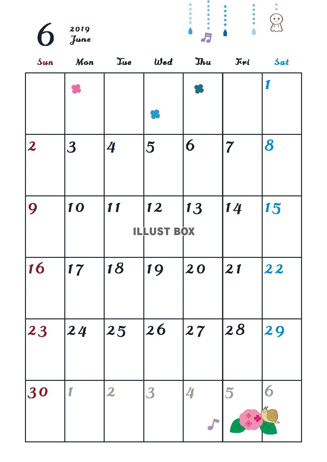 2019年カレンダー　6月　縦型