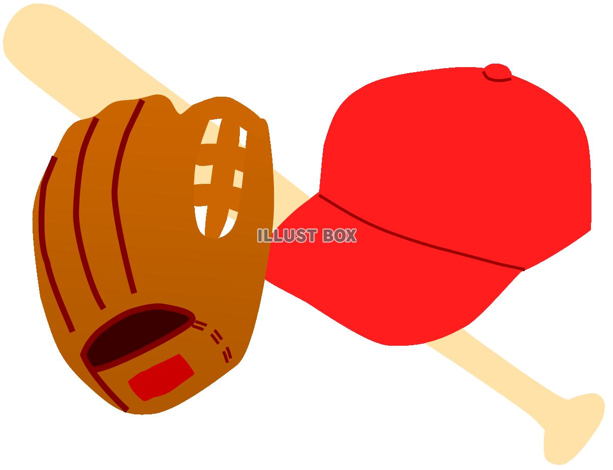 無料イラスト グローブとバットと帽子 赤 野球用品 野球グッズ
