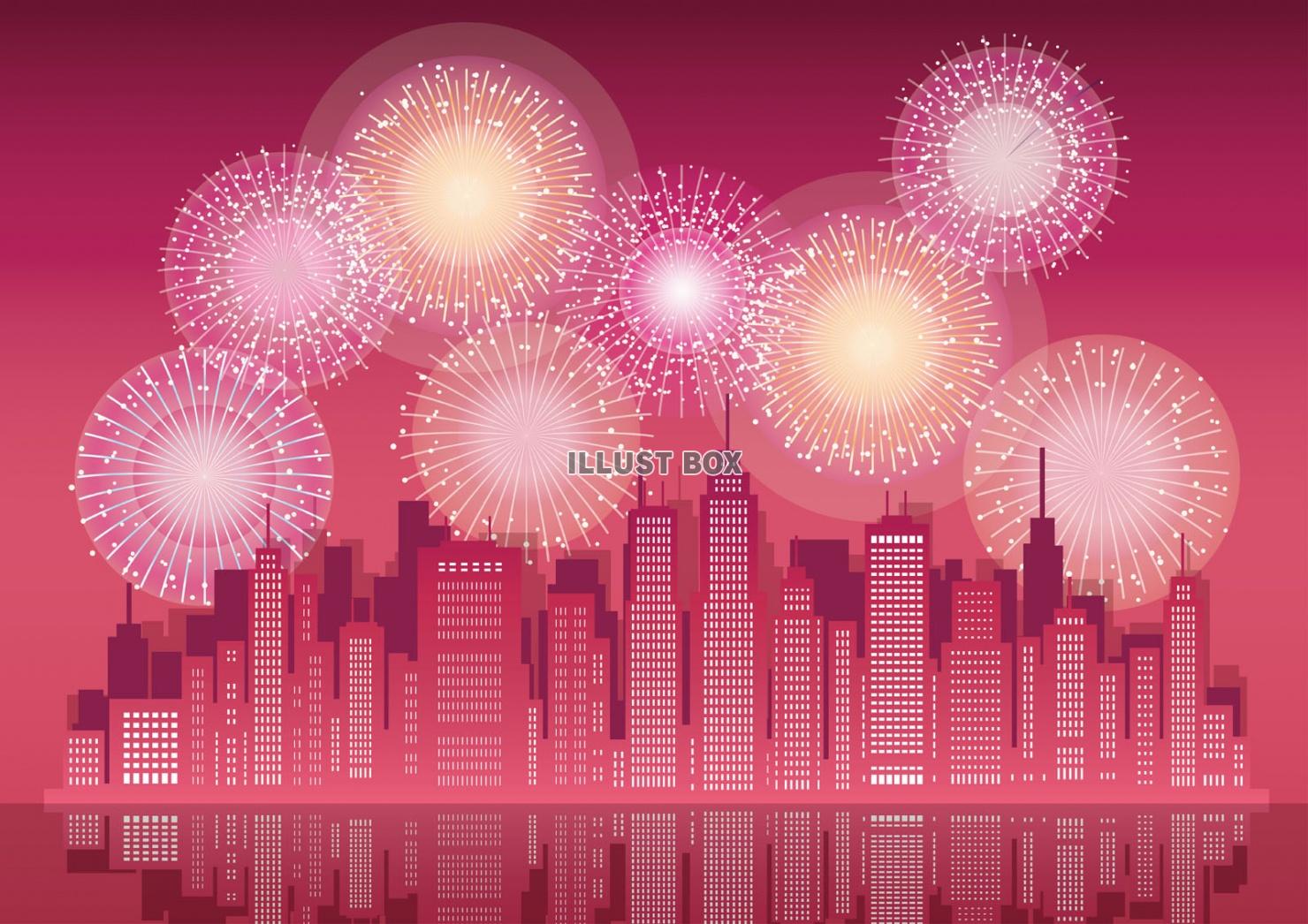 大都市と花火の背景イラスト