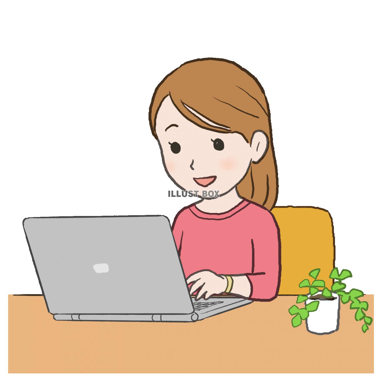 無料イラスト パソコンをする女性