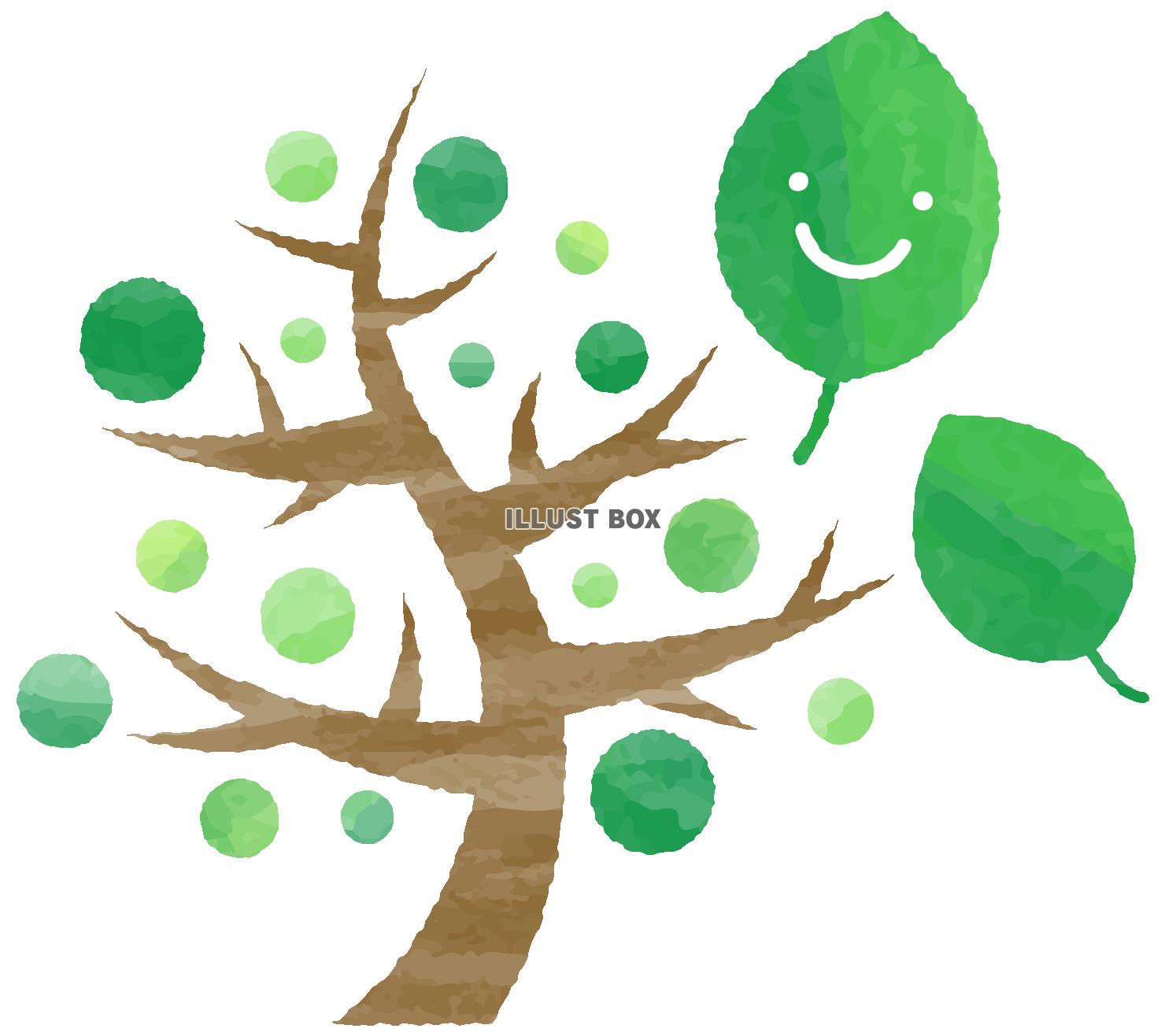 無料イラスト 手描き風笑顔の緑の葉と木