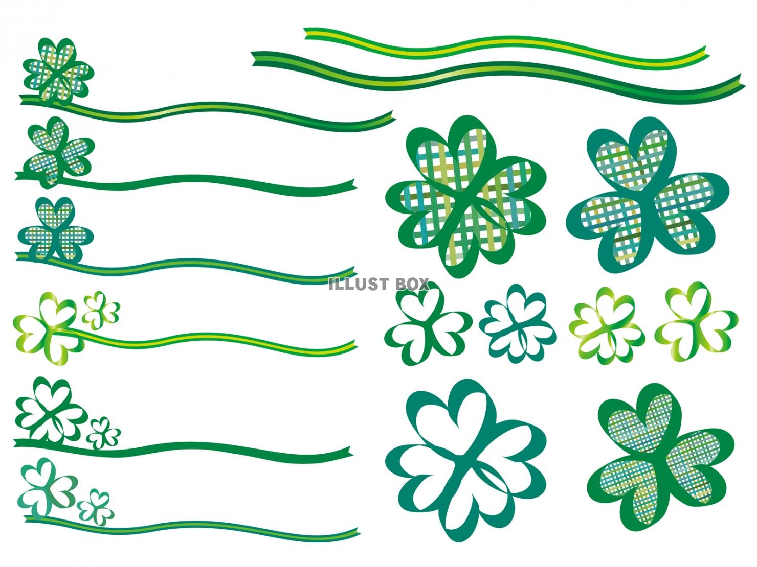 無料イラスト クローバー飾り葉っぱ小見出しリボン装飾ライン緑色グリーン枠チ