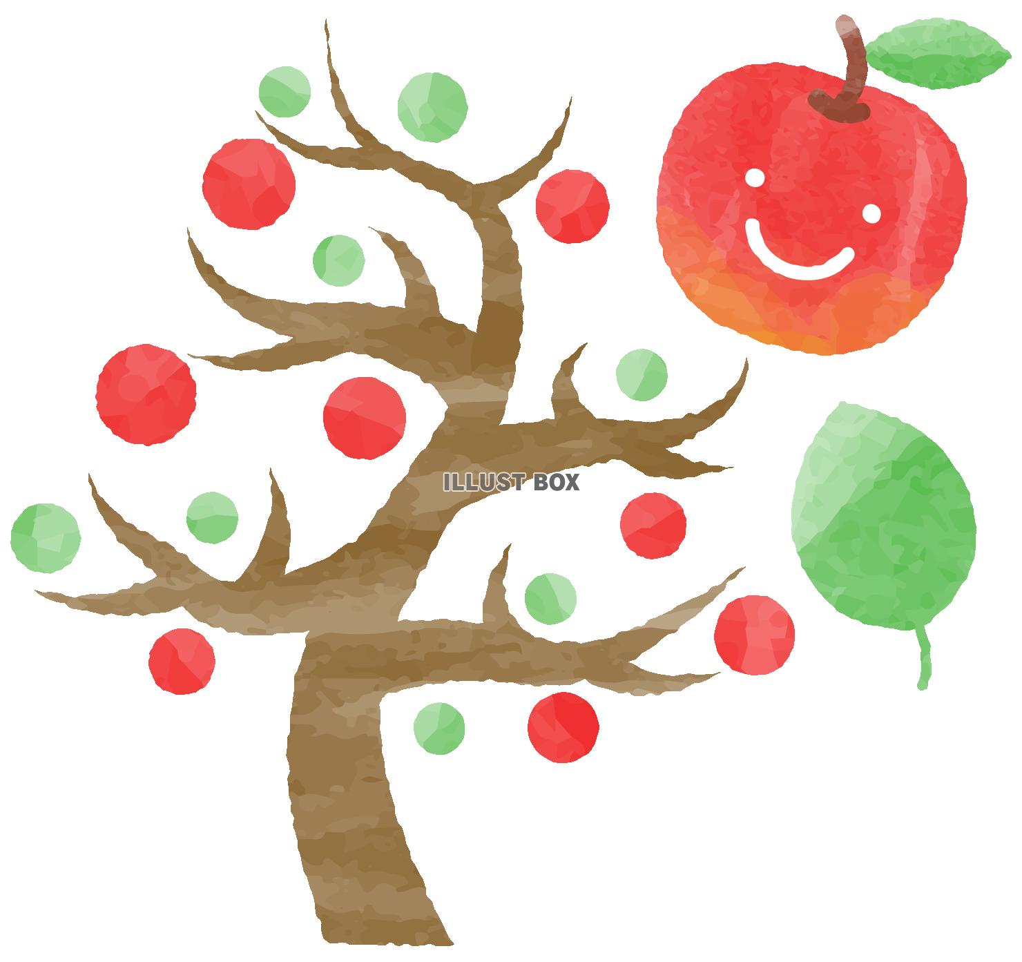 手描き風笑顔のリンゴとリンゴの木