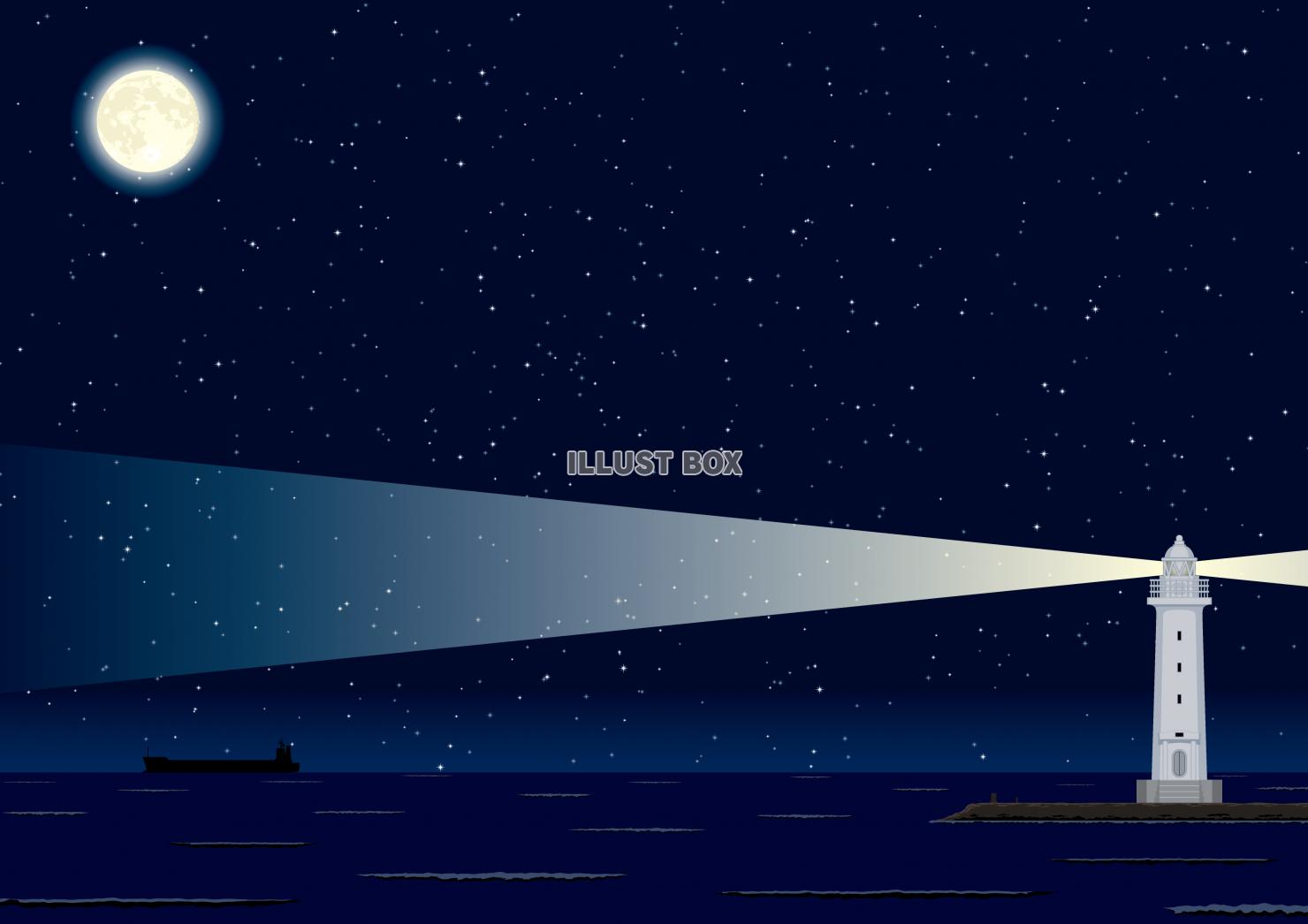 灯台が海を照らす満月の夜