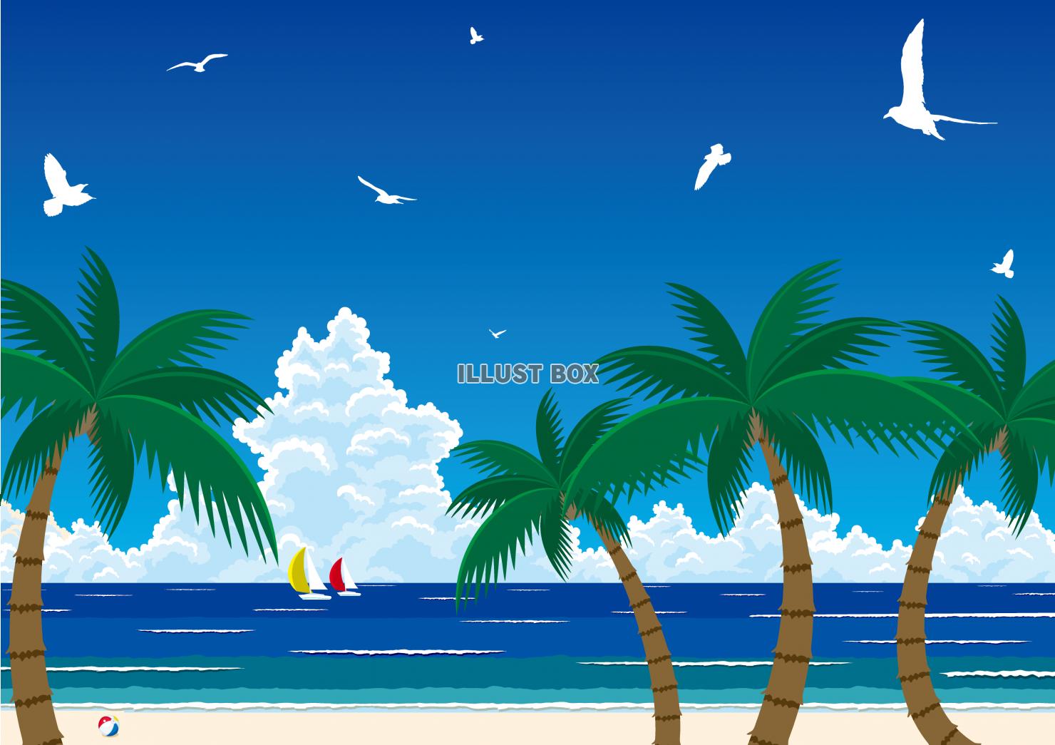 無料イラスト 南国の夏空と入道雲と青い海 そして椰子の木